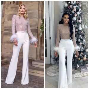 Nadine Merabi Amelia White‎ Jumpsuit Embellished Beaded Feather Cuffs XS